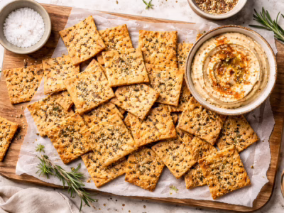 Crispy sourdough discard crackers with seeds and herbs, easy homemade snack recipe